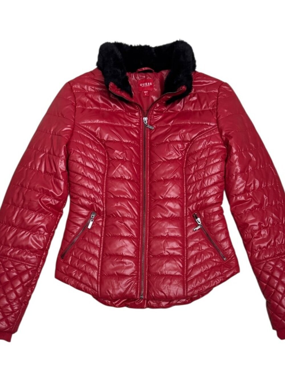 GUESS Red Designer Winter Puffer Parka Faux Fur Collar Jacket Coat Womens Small